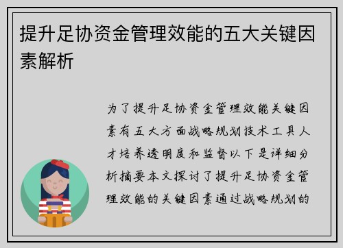 提升足协资金管理效能的五大关键因素解析